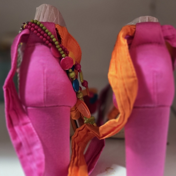 GIANNI BINI ribbon pink orange lace up heels block sexy weekend event 8M. - Picture 6 of 7